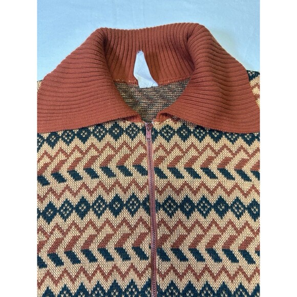 Vintage 70s Geometric Knit Wool Zip Cardigan Sweater Orange Black Chevron - Picture 4 of 7
